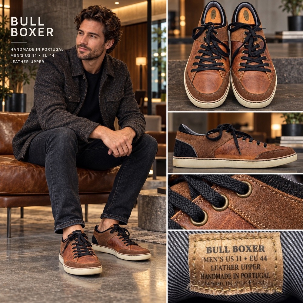 Bullboxer Dreslyn Mens 11 Cognac Brown Leather Suede Low Top Sneakers Portugal